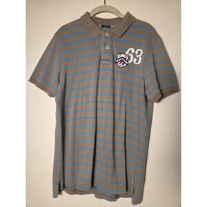 Renoma Mens Polo UPR 63 Striped Short Sleeve Slim Fit Tan Blue Paris Size L